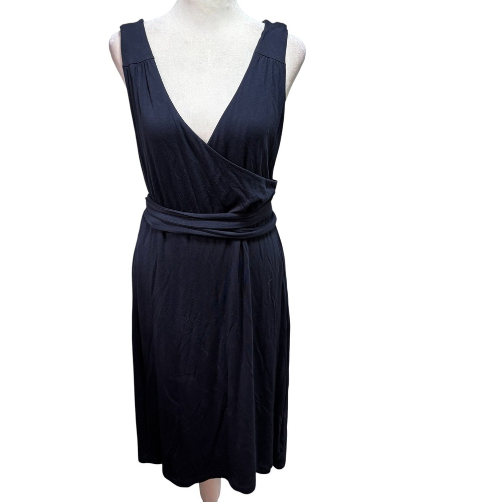 Dakini Navy Blue Sleeveless Faux Wrap Midi Dress Tie Waist Size Large L #901